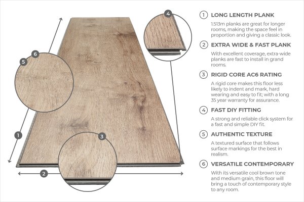 Luxury Lugano Granica Plank  Click Vinyl Flooring Oak  £16.50Psqm - 1015-178